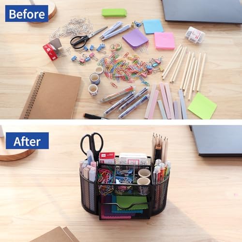 EOOUT Desk Organizer Black Mesh Pencil Holder 8 Compartments 1 Drawer