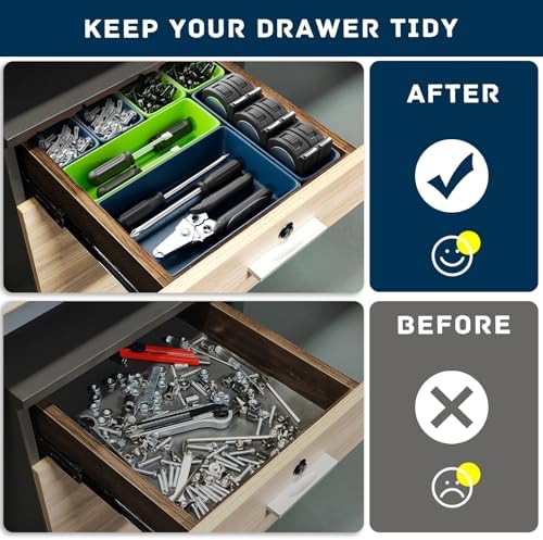 47pcs Tool Box Organizer, Tool Drawer Organizer Trays with Non-slip EVA Pads – Interlocking Divider Set, Fit Garage Storage Desk Drawers & Rooling Tool Cart (Blue & Green 47PCS)