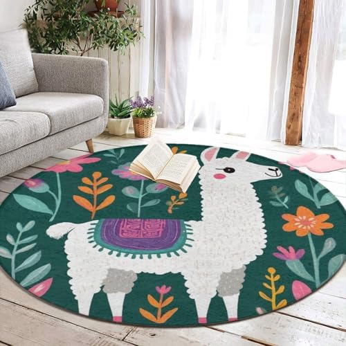 Fashion Round Area Rug Large Non Slip Carpet, Alpaca Botanical Boho Bohemia Llama Unisex Home Decor Mat