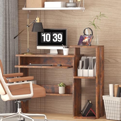 ALISENED Computer Desk with Storage Shelves, Home Office Desk with Monitor Stand, Small Writing Desk Table with Keyboard Tray,Study Table with CPU Stand for Small Spaces (35"-Rusitc Brown)