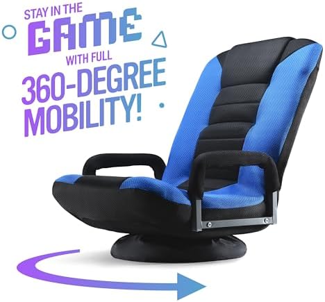 Maple99 Swivel Floor Gaming Chair - Video Lounger Enjoy 6 Different Positions, Adjustable Backrest, Removable Arm Rests, Folds to Store, Stylish Blue with Black Center Stripe