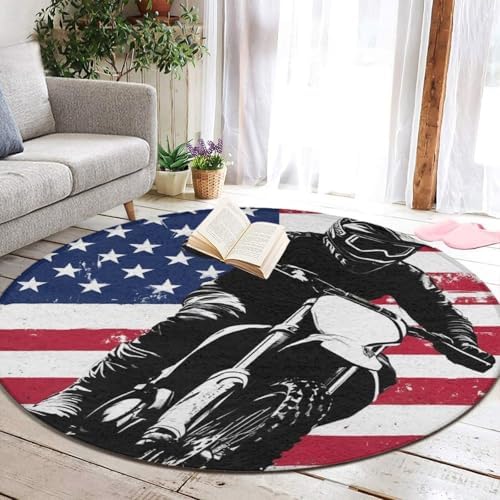 Soft Round Yoga Carpet, Office Chair Decor Round Mat for Carpet and Hardwood Floors Dirt Bike Motocross American Flag
