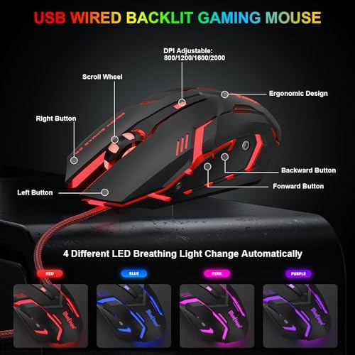 BlueFinger RGB Gaming Keyboard and Backlit Mouse Combo, USB Wired, LED Gaming Set for Laptop PC Computer Game and Work (Black & White)