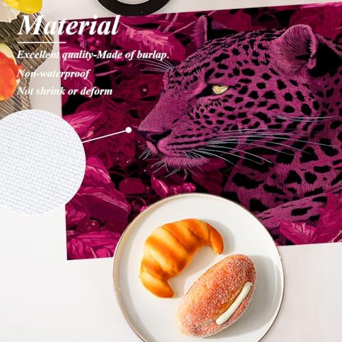 Shrahala Cute Leopard Placemats, Amaranth Leaves Pink and Black Table Mat Linen Burlap Washable Double-Deck Heat Insulation for Dining/Kitchen Table Set of 8 (12 X 18 Inch)