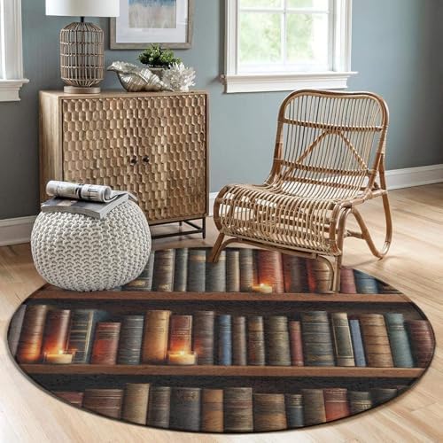 Large Home Decor Mat, Soft Round Yoga Carpet, Non Slip Machine Washable Kitchen Office Circle Rug Vintage Library Bookshelf Candlelight