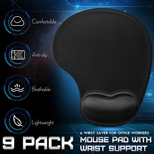 Flutesan 9 Pcs Ergonomic Mouse Pad with Wrist Rest Black Mouse Pads Memory Foam Non-Slip Mousepad Comfortable Computer Mousepad with PU Base for Pain Relief Computer Cafe Home Office Desk Accessories