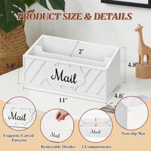 Mail Organizer Countertop with 2 Slots, Farmhouse Mail Holder for Desk with Removable Divider, Wooden Desk Organizer for Letters Bills Envelopes Storage, Mail Sorter for Home Office Countertop, White