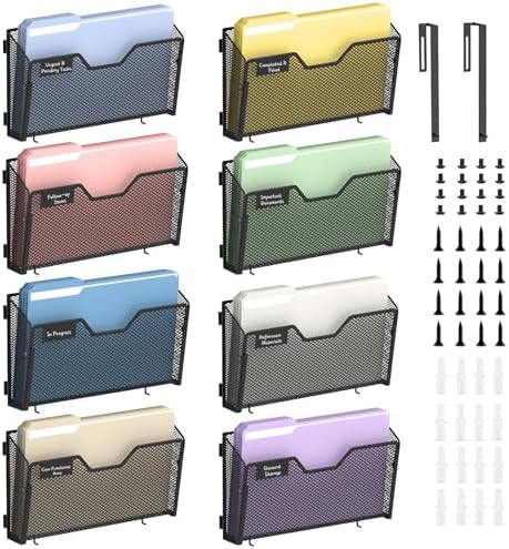 Wall File Organizer, 8 Pack Metal Wall File Holders, Black