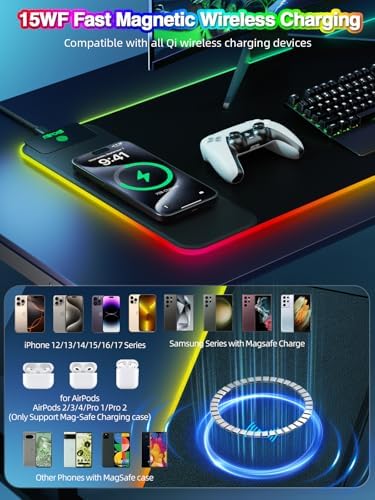 Magnetic Charging Mouse Pad, 31.5x11.81 Inch XL Gaming Mousepad, 11+5 RGB Lighting Modes, Home Office Large Desk Pad with Ultra-Smooth Surface, Non-Slip, Waterproof Keyboard Pad Classic Black Desk Mat