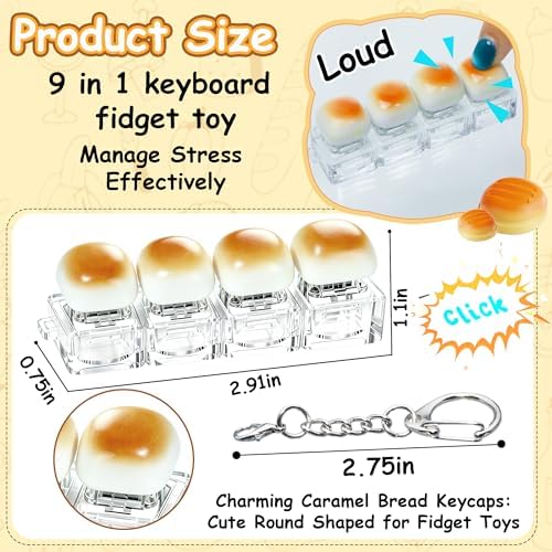 2 Pack Cute Keyboard Fidget Toy, Bread Shape Keyboard Fidget Keychain 4-in-1 Keyboard Decompression Button Finger Clicker Toys, Portable Tactile Button Sensory Fidget Toys Stress Relief Gifts（Y-Bread）