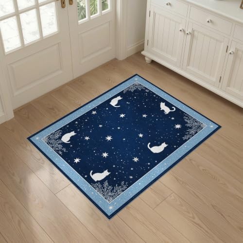 3'x5' Midnight Blue Cat Starry Design Washable Area Rug