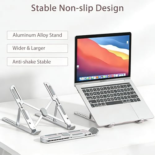 Ergonomic Foldable Computer Stand, 10-Level Height Adjustable Aluminum Laptop Stand, Compatible with 17.3 Inch Laptops, Tablets & Drawing Tablets, for MacBook, HP, Lenovo, Dell (Silver)