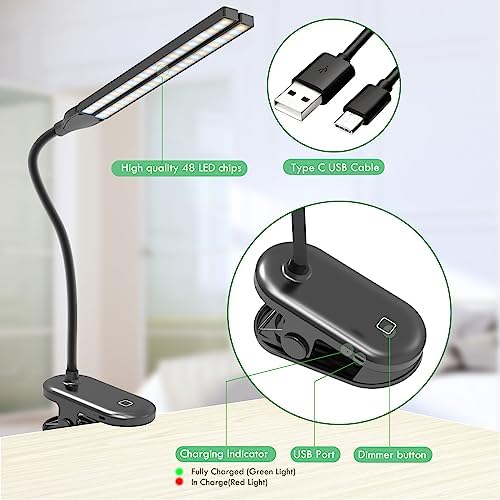 LED Reading Light with Clip, Desk Lamp 48 LEDs 2600mAh Battery USB Rechargeable Book Lights Stepless Adjustable Brightness Eye Protection Table Lamps for Bed Headboard, Home, Office - Black