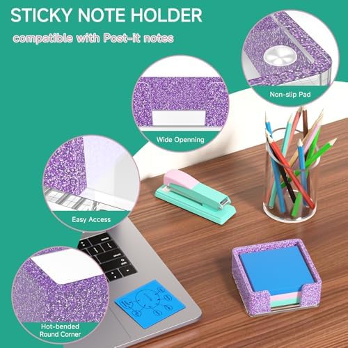 Sticky Note Holder, Glitter Purple Acrylic Notepad Holder 3x3 in Self-Stick Note Dispenser Office Desk Accessories, Memo Pad Holder Organizer for Classroom School Supplies