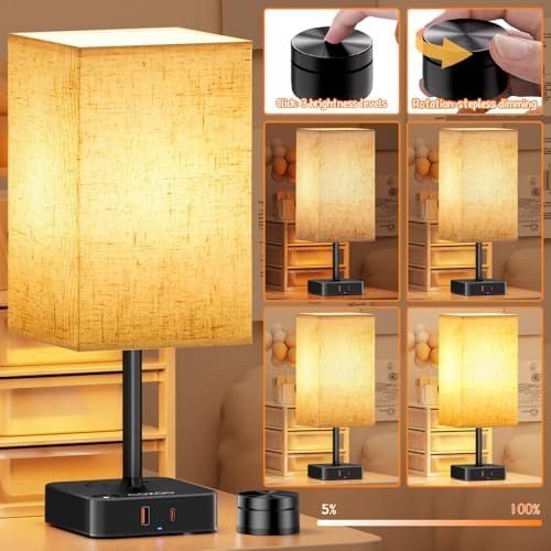 Bedroom Nightstand Lamp with Charger, Touch Table Lamps with Remote Control