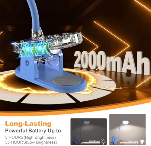 Cordless Clip on Reading Light, Rechargeable LED Book Lamp for Kids, Flexible and Dimmable Clamp Light with 3 Color Modes & 10 Brightness for Students Dorm Room Desk Bunk Bed Headboard (Blue/3.5'')