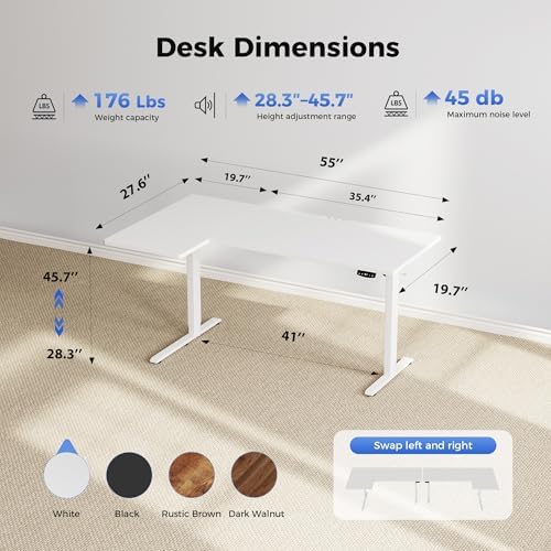 Agilestic 55 * 28 Inch Reversible L Shaped Electric Standing Desk, White
