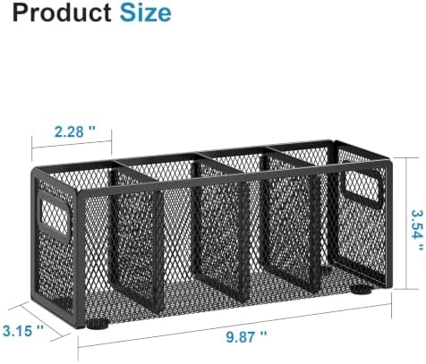 Marbrasse Mesh Pen Holder for Desk, Pencil Holder Desk Organizer 3 Adjustable Compartments, Pencil Cup with Handle Perfect for Classroom, Office, Home, Makeup, Art (4 Compartments - Black)