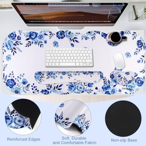 Petmolico Desk Pad Set with Wrist Rest for Keyboard & Mouse, Blue Flower