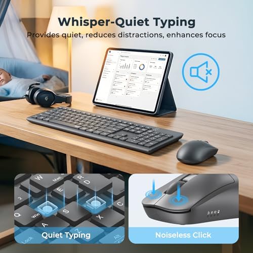 Wireless Keyboard and Mouse, 2.4GHz/Bluetooth Quiet Full Size Set, Gray