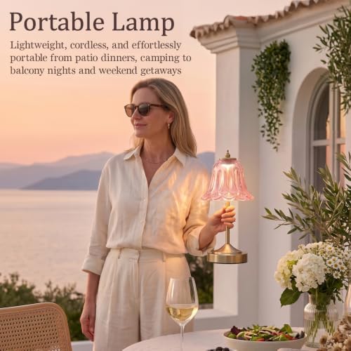 Cordless Table Lamp, Rechargeable Pink Glass Tulip Flower Touch Lamp