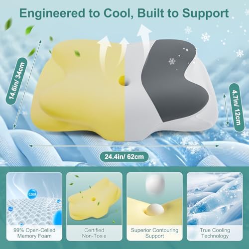 DONAMA Cervical Pillow for Sleeping, Contour Memory Foam Pillow for Neck and Shoulder Support, Ergonomic Neck Pillow for Side Back Stomach Sleepers, Bed Pillows with Cooling Pillowcase