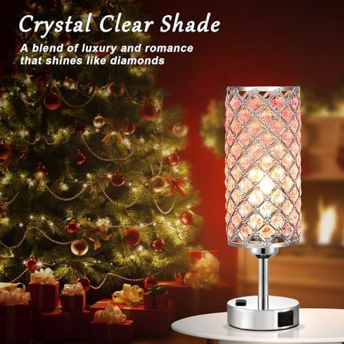 Hong-in Pink Crystal Lamp Set of 2, 3 Way Dimmable Touch Lamp for Bedroom with Crystal Shade, Bedside Nightstand Lamps for Living Room Bedroom Home Office