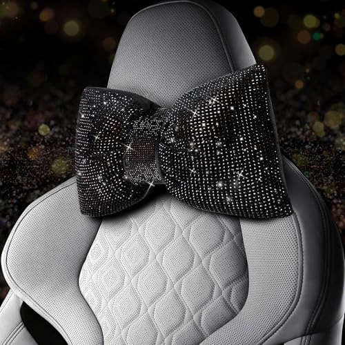 4 PCS Bling Car Pillows,Rhinestones Bowknot Car Headrest Pillow,Black