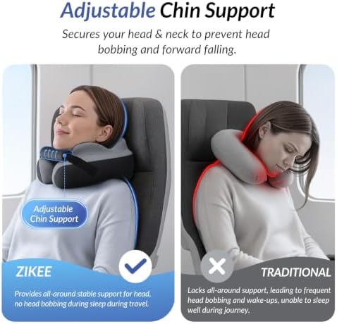 ZIKEE Travel Pillow for Airplane, Adjustable Chin Support for Stable Sleep, Ergonomic Neck Pillow to Support Head & Neck on Flights, Ear-Friendly Memory Foam Airplane Pillow, Carry Case, Airy Cover