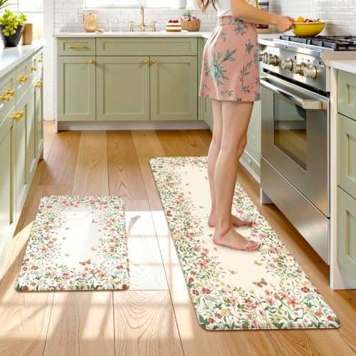 KIMODE Anti Fatigue Kitchen Mats for Floor,Beige Farmhouse Kitchen Rugs Set