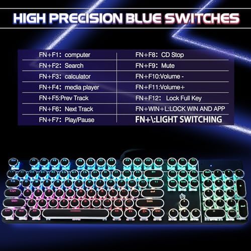 YSCP Typewriter Style Mechanical Gaming Keyboard RGB Backlit Wired with Blue Switch Retro Round Keycap 104 Keys Keyboard (R-Black)