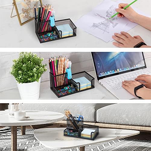 Black Mesh Pen Holder - Multipurpose Mesh Desk Organizers Large Capacity Office Supplies with Sticky Notes Holder and 3 Compartments 4 Non-slip Mats Easy Storage Suitable for School, Home