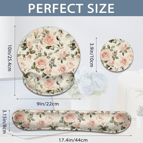 Pink Roses Keyboard Wrist Rest Pad Ergonomic Mouse Pad Set,Vintage 3 in 1 Memory Foam Mouse Pad with Non Slip Base for Office and Home