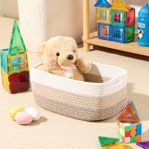 MiniArk Small Storage Baskets for Organizing | Closet Organizer Bins | Shelf Toy Basket | Woven Rope Baskets | Cube Decorative Box | Shallow Basket | 13x8.5x5.1” | 3 Packs Gradient Brown