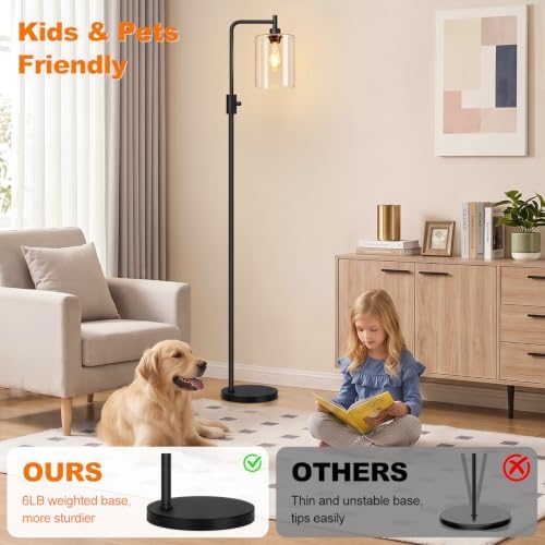 【Upgraded】 Dimmable Floor Lamp for Living Room with Seeded Glass Lampshade, Black Modern Glass Floor Lamp with 900LM LED Bulb Included, Arc Standing Tall Lamp for Bedroom, Office, Reading Room, Corner