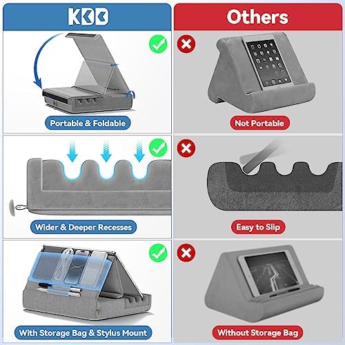 KDD Tablet Pillow Holder, Foldable iPad Stand for Lap, Bed and Desk -Tablet Soft Pad Dock with Pocket & Stylus Mount Compatible with iPad Pro 12.9, 10.5, 9.7 Air Mini 6 5 4 3, Galaxy Tab, E-Reader