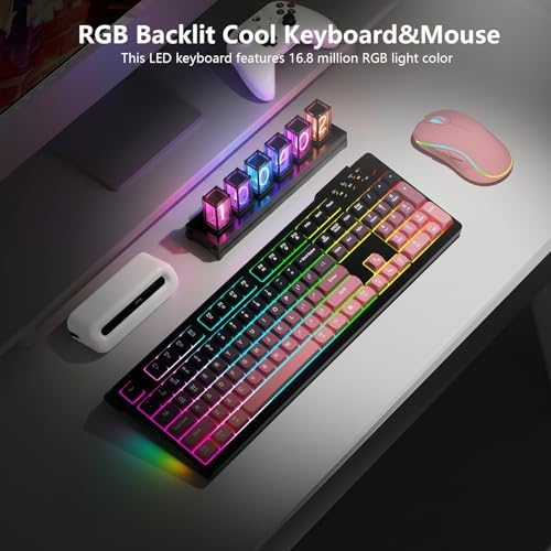 Wireless Keyboard and Mouse Combo, RGB Backlit Rechargeable 2000 mAh Battery, Wireless Computer Keyboards, Tri-Mode Bluetooth/2.4GHz/USB-C Custom Creamy Keyboard, RGB Backlit Media Knob (White-Pink)