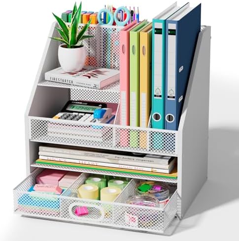 Homsorout Wooden Desk Organizer - Mesh File Organizer with Drawers and Pen Holder - 4-Tier Vertical Paper Letter Storage Tray, Desktop Organizers and Accessories for Home Office （White