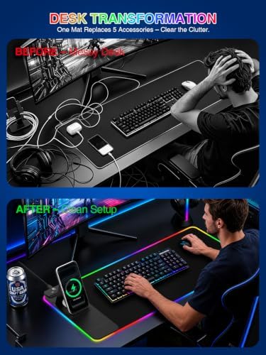 RGB Mouse Pad with Foldable Phone Stand & Wireless Charger, 31.5"x11.8" XL Gaming Mousepad Large Desk Mat, Desk Pad with Dual Charging for Phone & AirPods | 11 Colors & 5 Modes | Waterproof