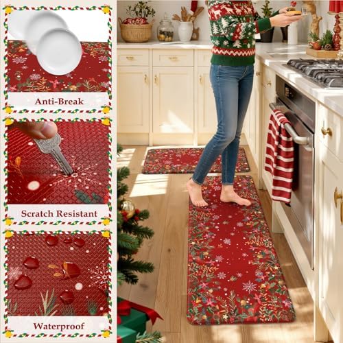 KIMODE Christmas Decor Kitchen Mats for Floor Anti Fatigue, Boho Vintage Kitchen Rugs Sets of 2, Cushioned Kitchen Floor Mats, Comfort Standing Mat for Sink Laundry Office Desk 17"x47"+17"x29" Red