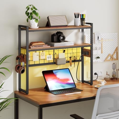 HOOBRO Desktop Bookcase, 2-Tier Desktop Organizer, 29.9" Wooden Office Storage Rack with Outlets, Display Shelf Rack with Light Strip, Desk Hutch for Office, Rustic Brown BF11UDSJ01