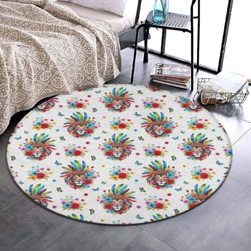 Large Home Decor Mat, Soft Round Yoga Carpet, Non Slip Machine Washable Home Office Circle Rug Colorful Lion Flowers Floral White Art, 36inch