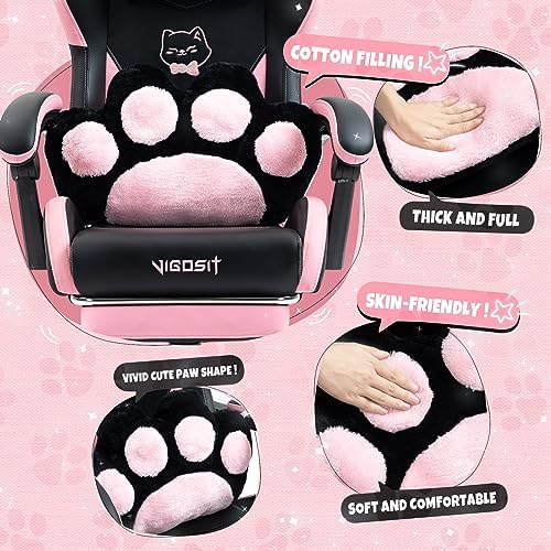 VlGOSlT Cat Ear Gaming Chair with Footrest - Adjustable Lumbar Support, 310lbs Capacity.Removable Cute Ears, Cotton-Filled Ergonomic Computer Chair for Girls/Teens (Black)