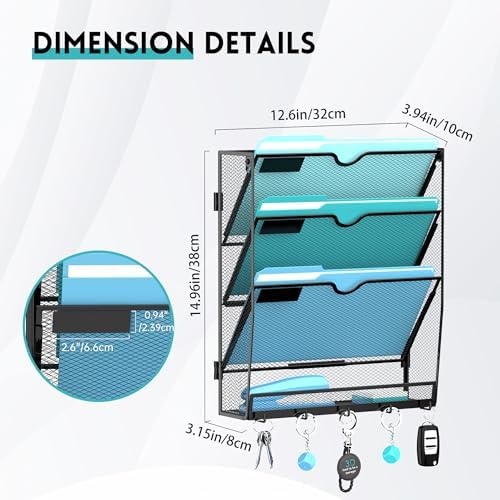 4-Tier Wall File Organizer and Mail Organizer with 5 Hooks, Black
