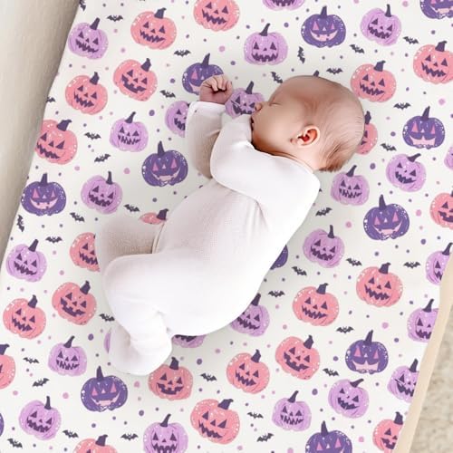Colorful Halloween Pumpkin Bats Pattern Baby Changing Pad Cover, Unisex Fall Winter Holiday Nursery Diaper Changing Table Pad Mat Sheet for Boys Girls-16x32