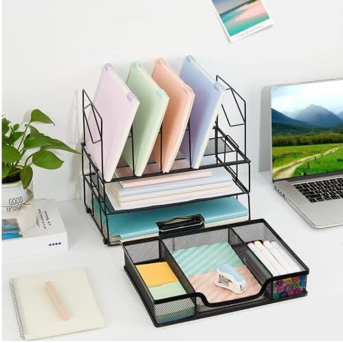Desk Organizers and Accessories, 2-Tier Desk Organizer with Drawer, Black