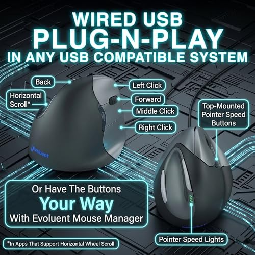 Evoluent – World's Original Vertical Mouse, Wired Ergonomic Mouse for Right Hand, Medium to Large, Helps with Carpal Tunnel and Wrist Strain, Customizable 6 Buttons, 4 Speed Settings, Comfortable Grip