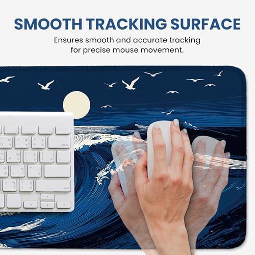 Aesthetic Desk Mat, Cute Moonlit Waves Desk Pad Protector for Work & Decor, 31.5" x 11.8", Pretty Non-Slip Extended Mouse Pad for Office or Home