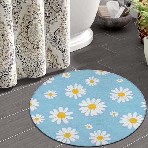 Large Home Decor Mat, Soft Round Yoga Carpet, Non Slip Machine Washable Kitchen Office Circle Rug Sky Blue White Daisy Flowers