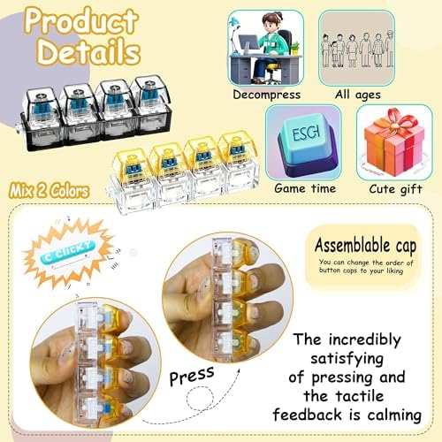 2 PCS Keyboard Fidget Toy, Keyboard Fidget Keychain 4-in-1 Keyboard Decompression Button Finger Clicker Toys, Button Stress Relief Fidget Gifts to Relief Stress (Black Yellow)